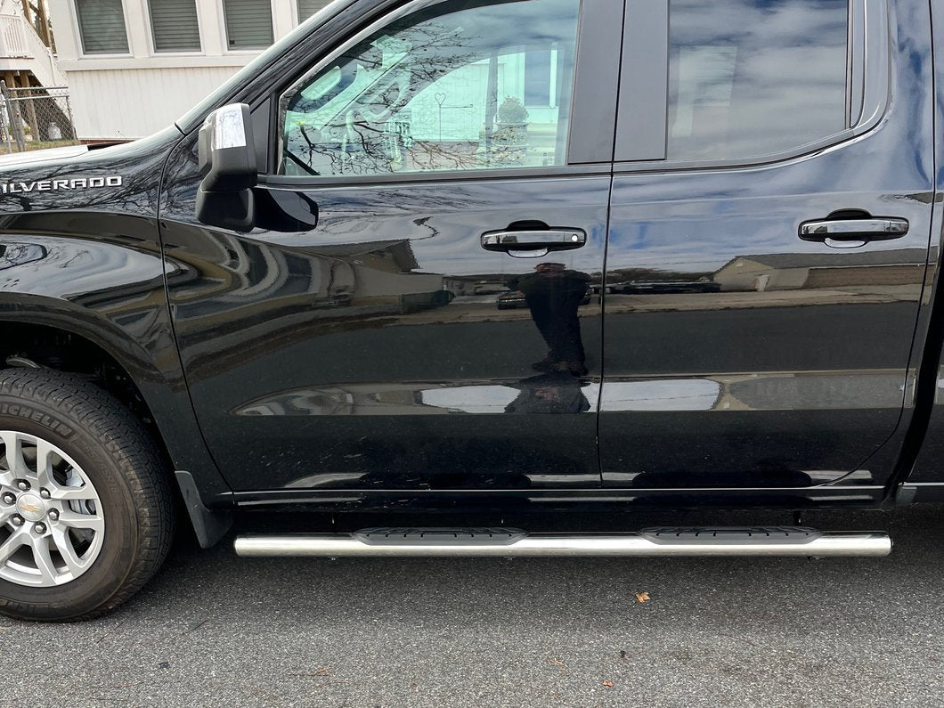 Barricade 4-Inch Oval Straight End Side Step Bars; Stainless Steel (19-25 Silverado 1500 Double Cab)