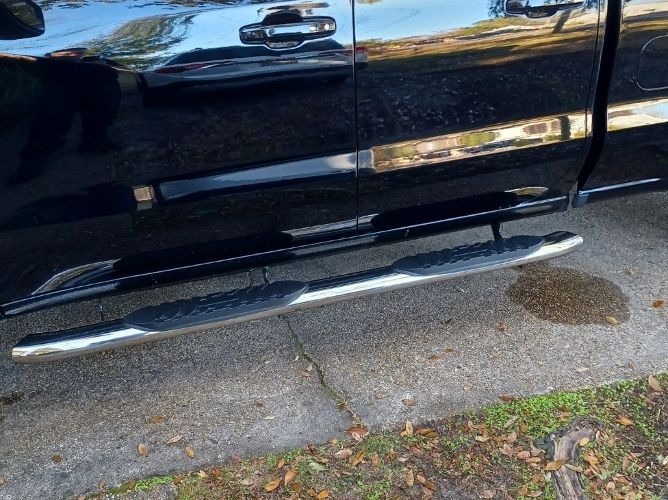 Barricade 5-Inch Oval Bent End Side Step Bars; Stainless Steel (19-25 Silverado 1500 Double Cab)
