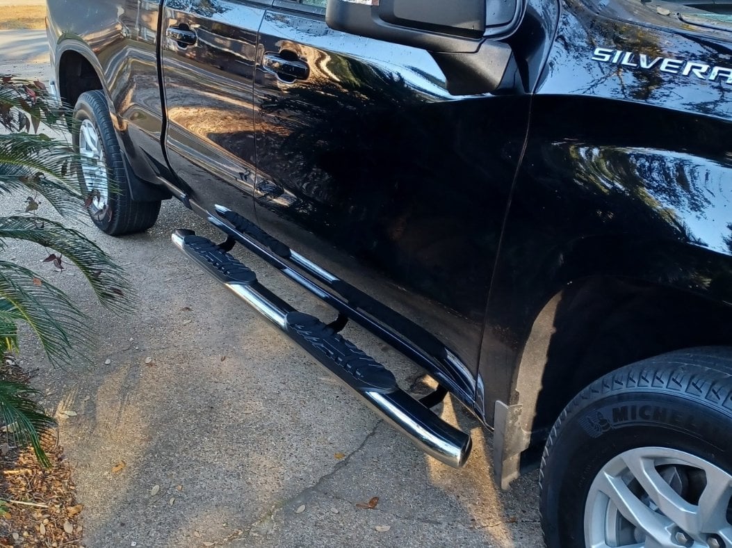 Barricade 5-Inch Oval Bent End Side Step Bars; Stainless Steel (19-25 Silverado 1500 Double Cab)