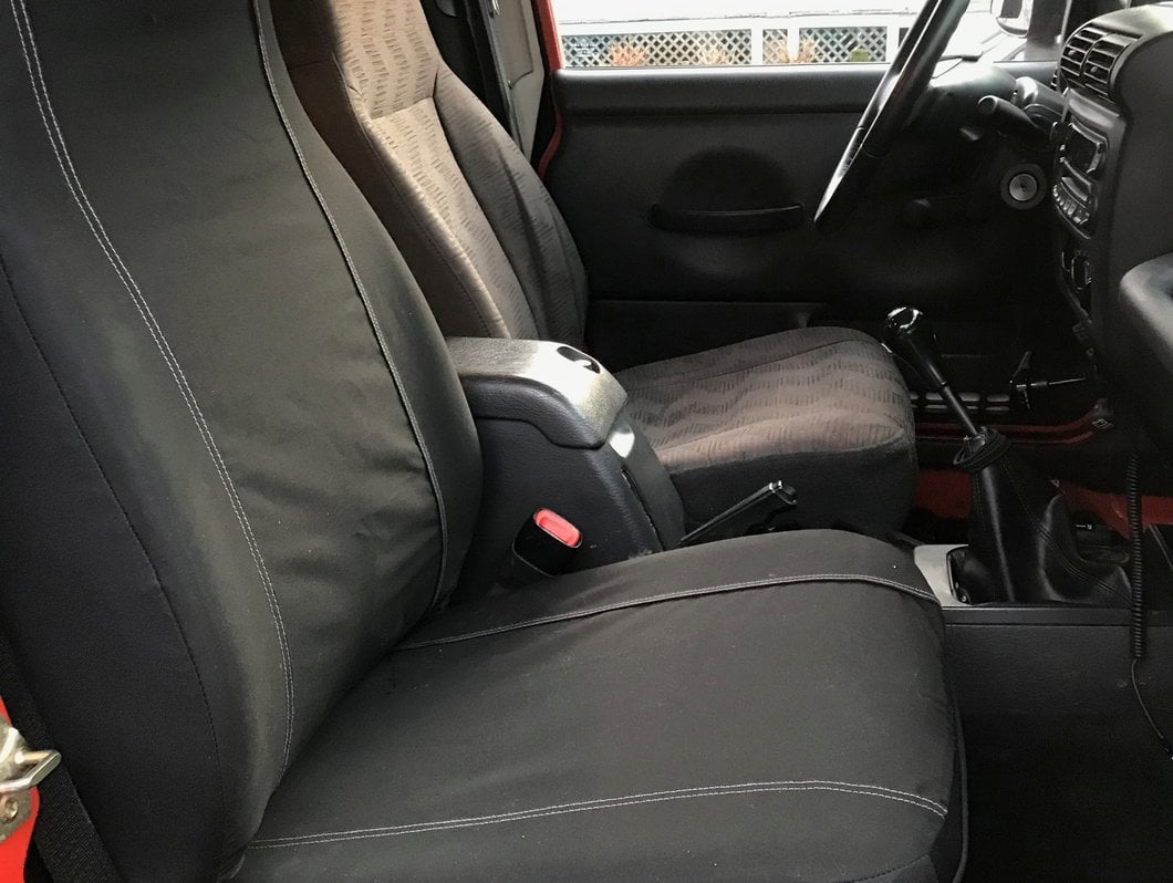 Barricade Custom Front Seat Covers with Pockets; Black (97-06 Jeep Wrangler TJ)