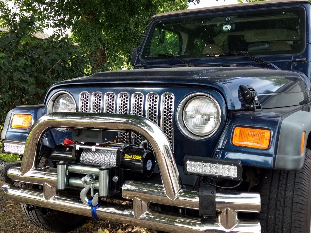 Barricade Double Tubular Front Bumper with Winch Cutout; Polished (87-06 Jeep Wrangler YJ & TJ)