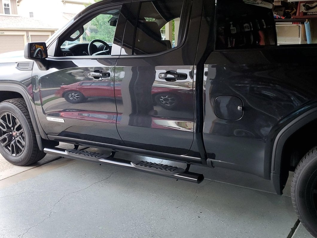Barricade 5-Inch Oval Straight End Side Step Bars; Black (19-25 Sierra 1500 Double Cab)
