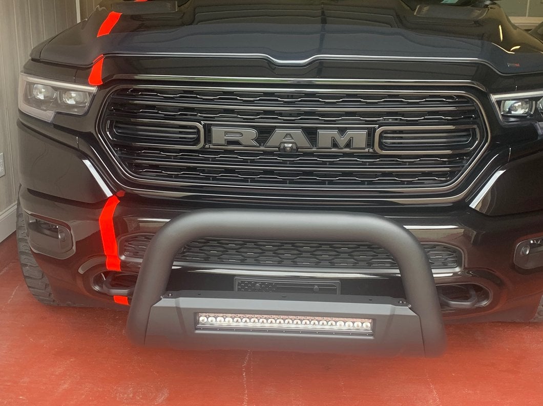 Barricade 3.50-Inch Bull Bar with Skid Plate and 20-Inch LED Light Bar; Textured Black (19-24 RAM 1500, Excluding Rebel & TRX)