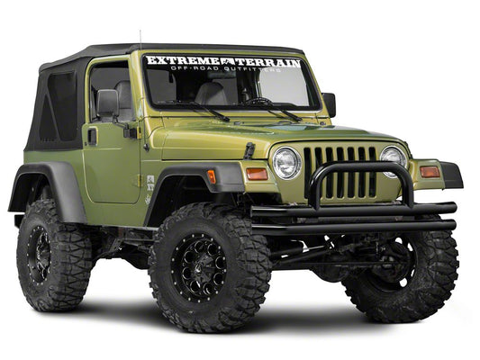 Barricade Double Tubular Front Bumper with Classic Over-Rider Hoop; Gloss Black (76-06 Jeep CJ, Wrangler YJ & TJ)