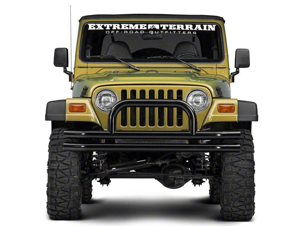 Barricade Double Tubular Front Bumper with Classic Over-Rider Hoop; Gloss Black (76-06 Jeep CJ, Wrangler YJ & TJ)