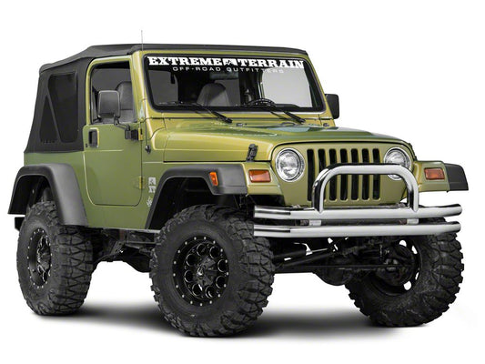 Barricade Double Tubular Front Bumper with Classic Over-Rider Hoop; Polished (76-06 Jeep CJ, Wrangler YJ & TJ)