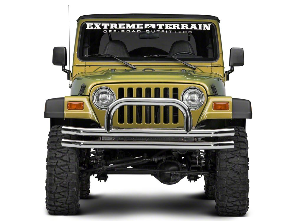 Barricade Double Tubular Front Bumper with Classic Over-Rider Hoop; Polished (76-06 Jeep CJ, Wrangler YJ & TJ)