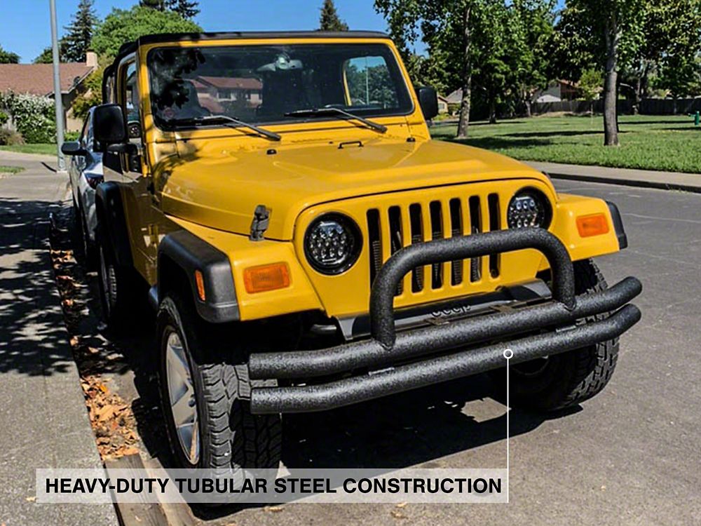 Barricade Double Tubular Front Bumper with Classic Over-Rider Hoop; Textured Black (76-06 Jeep CJ, Wrangler YJ & TJ)