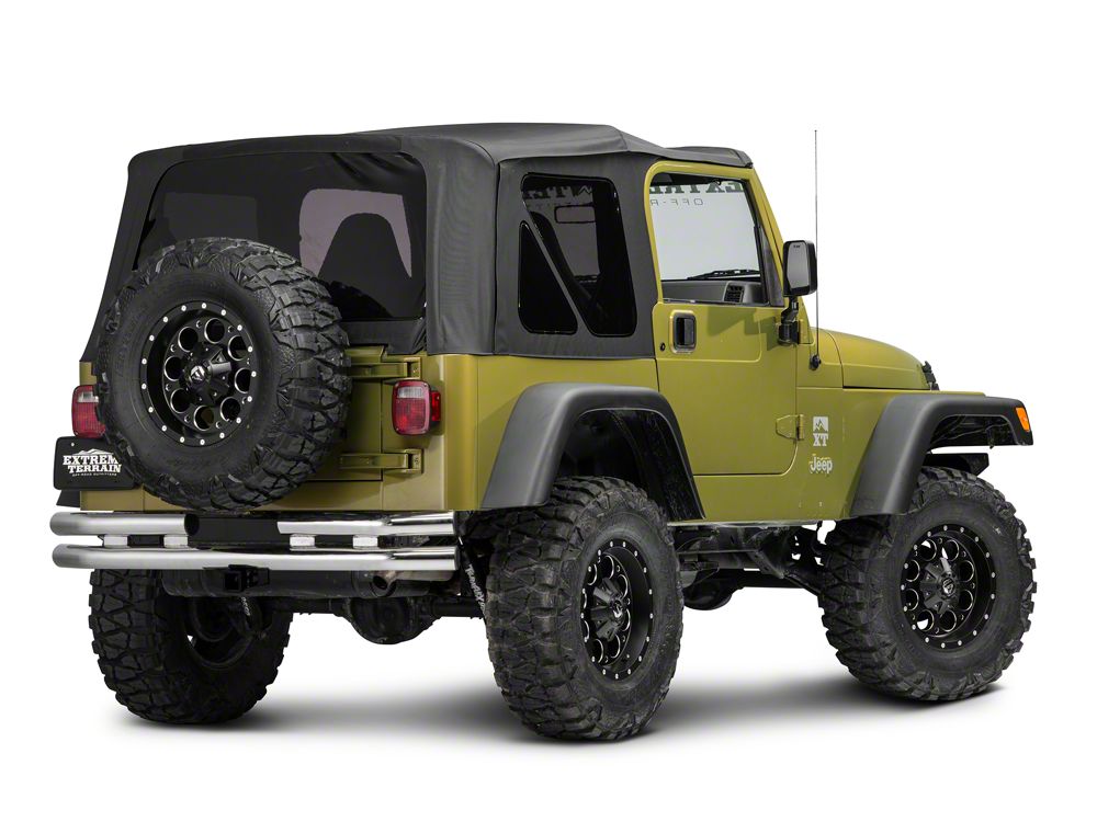 Barricade Double Tubular Rear Bumper with Receiver Hitch; Polished (76-06 Jeep CJ, Wrangler YJ & TJ)