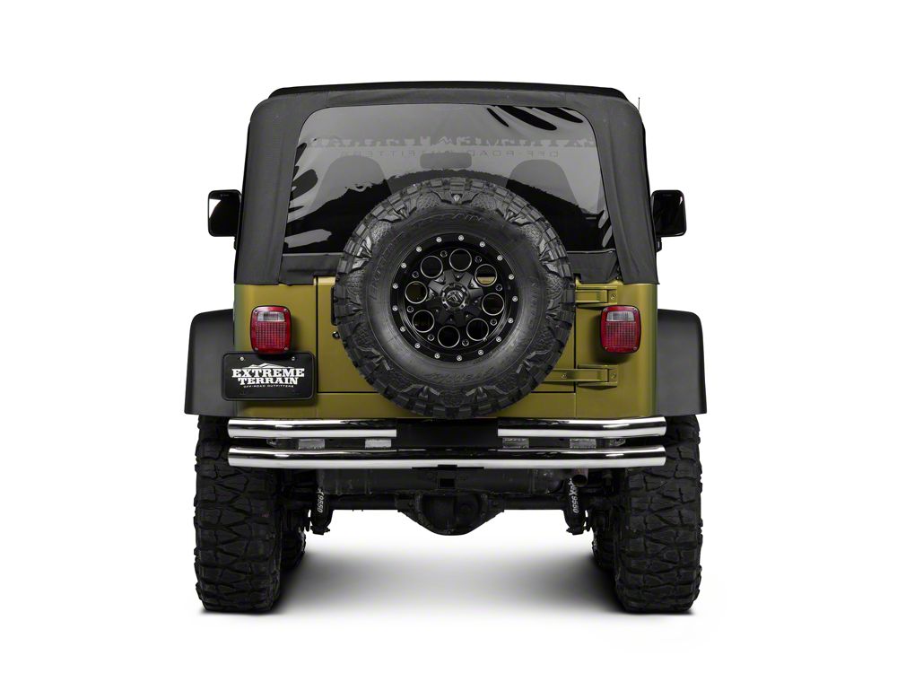 Barricade Double Tubular Rear Bumper with Receiver Hitch; Polished (76-06 Jeep CJ, Wrangler YJ & TJ)