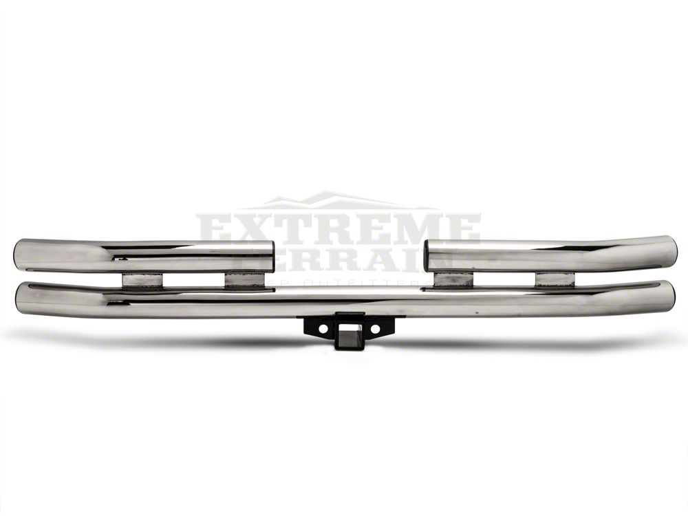 Barricade Double Tubular Rear Bumper with Receiver Hitch; Polished (76-06 Jeep CJ, Wrangler YJ & TJ)