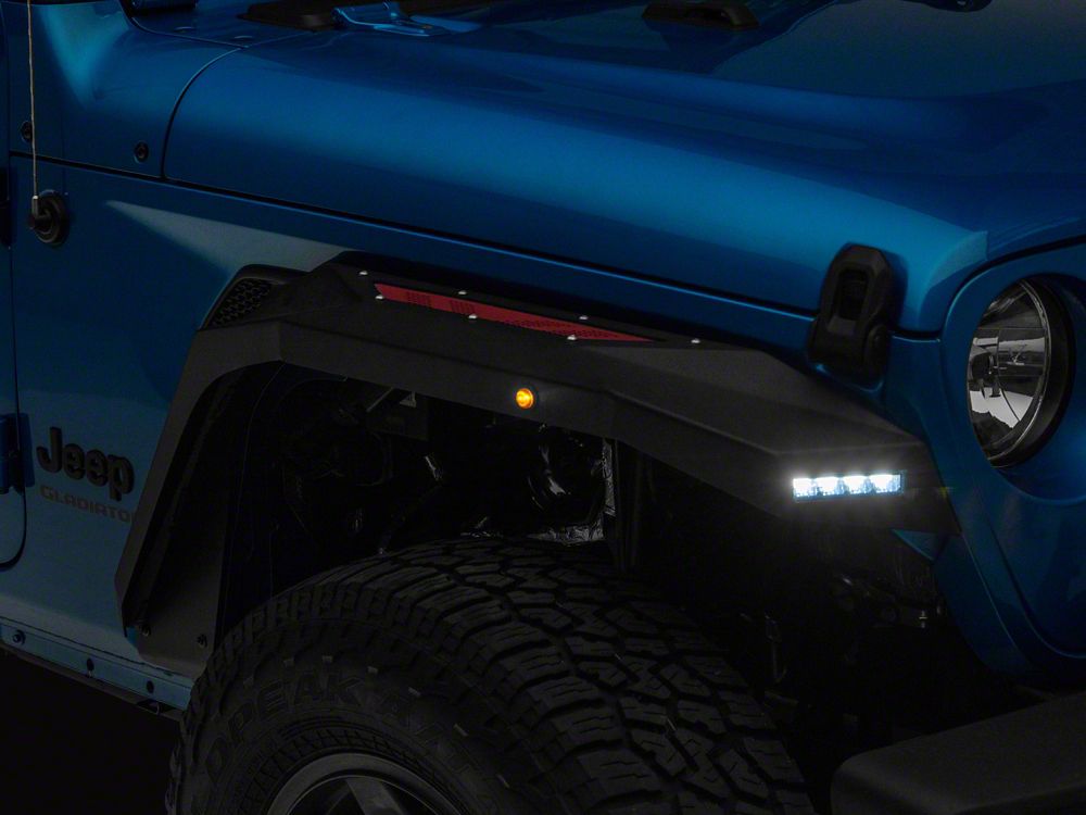 Barricade X-Series Front Fender Flares with LED DRL and Marker Lights; Red Inserts (20-25 Jeep Gladiator JT)