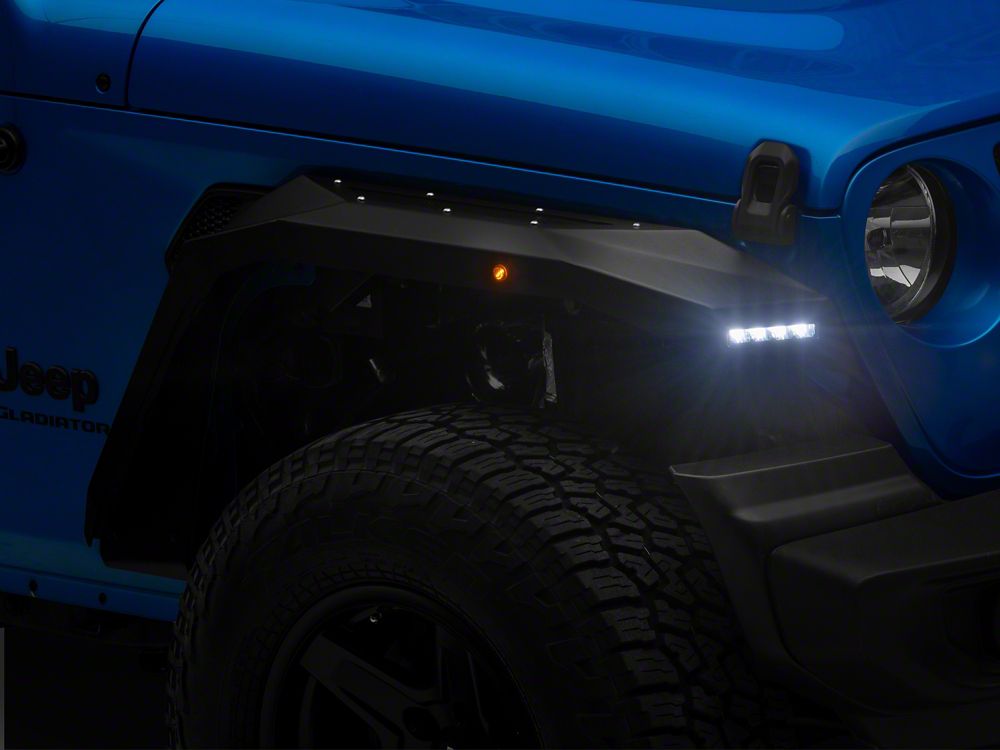 Barricade X-Series Fender Flares with LED DRL and Marker Lights; Black Inserts; Front (20-25 Jeep Gladiator JT)