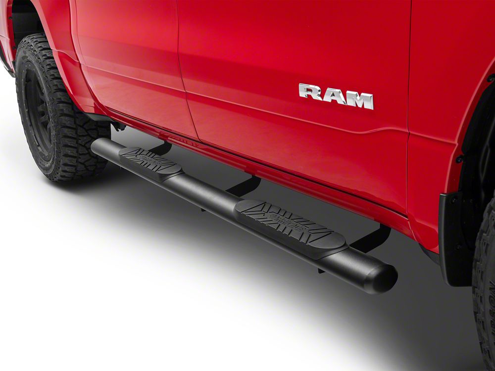 Barricade E-Series 4-Inch Oval Straight End Side Step Bars; Textured Black (19-25 RAM 1500 Crew Cab)