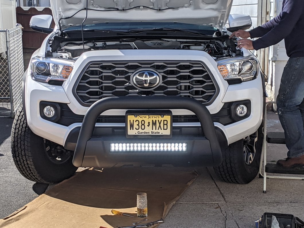 Barricade 3.50-Inch Bull Bar with Skid Plate and 20-Inch Dual Row LED Light Bar; Black (16-23 Tacoma)