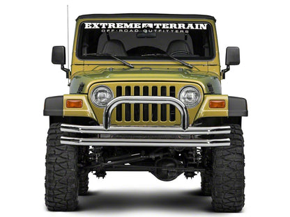 Barricade Double Tubular Front Bumper with Classic Over-Rider Hoop; Polished (76-06 Jeep CJ, Wrangler YJ & TJ)