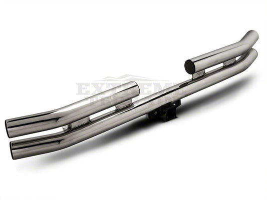 Barricade Double Tubular Rear Bumper with Receiver Hitch; Polished (76-06 Jeep CJ, Wrangler YJ & TJ)