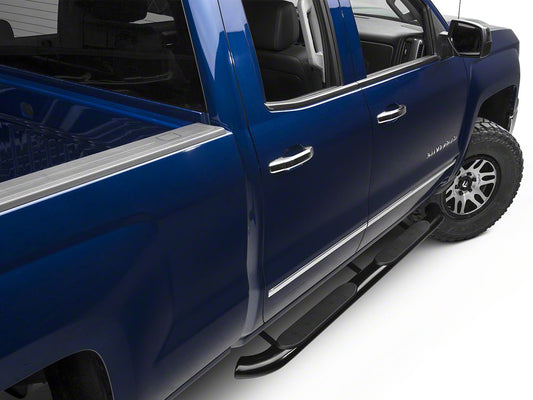 Barricade 4-Inch Oval Bent End Side Step Bars; Rocker Mount; Black (14-18 Silverado 1500)